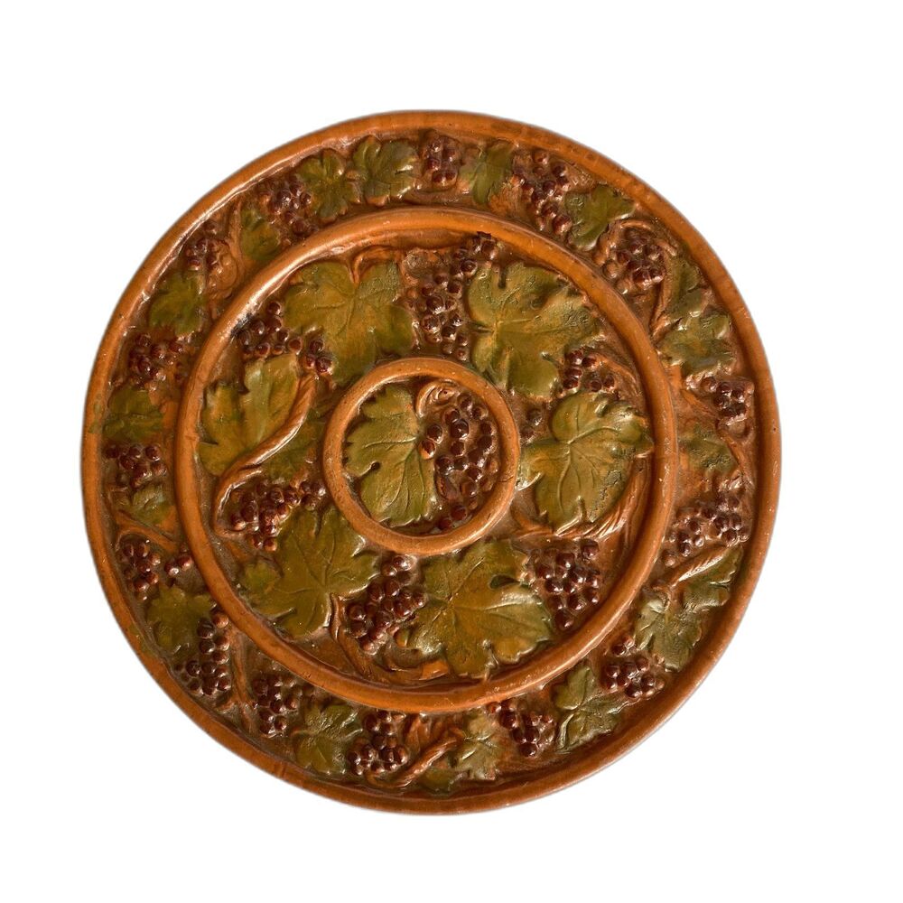 Rare Vintage Pottery Heavy Hot Plate Handmade Grapevine Design Heavy 9" Decor